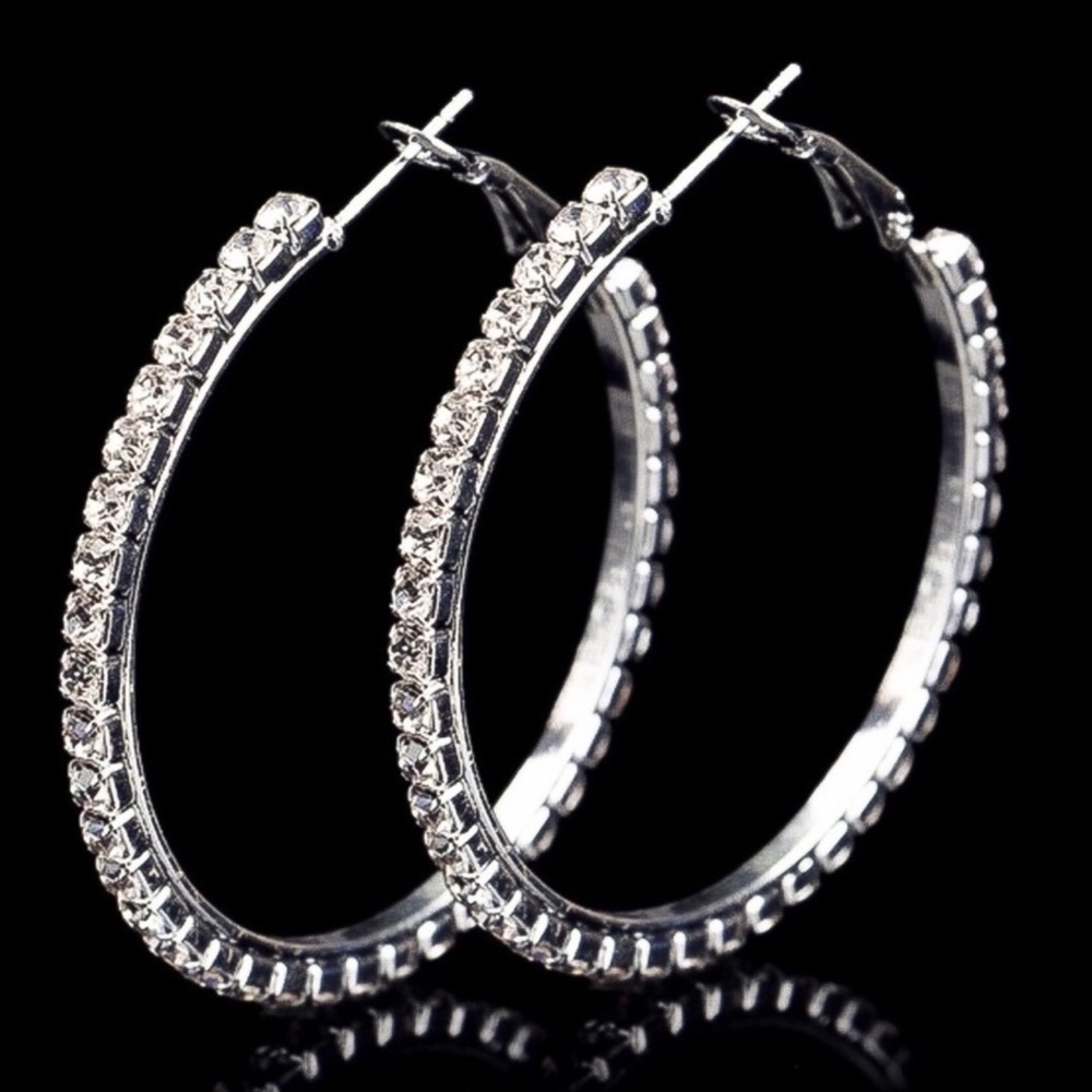 Silver & Crystal 2” Hoop Earrings - Picture 3 of 8